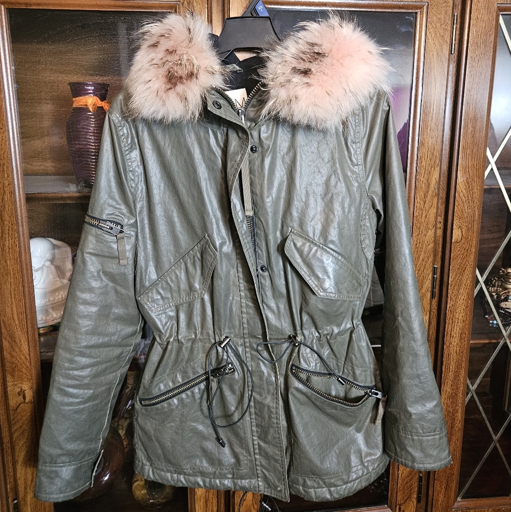 SAM. New York Women's Coat Size S PINK RACCOON FUR HOODIE Army Green Jacket